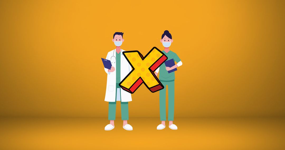 Masked Doctors with Caution Symbol Highlighting COVID Precautions