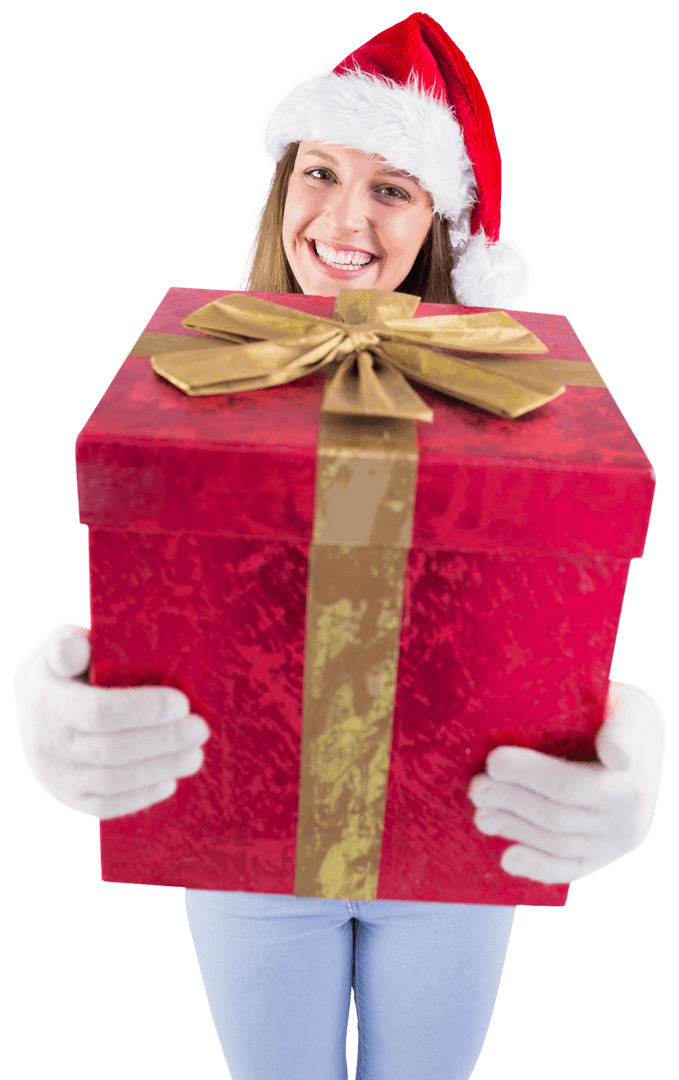 Smiling Woman in Santa Hat Holding Large Red Present Transparent