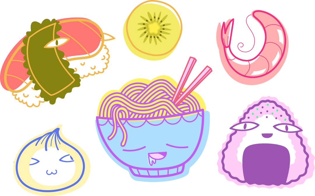 Whimsical Cartoon Food Characters on Transparent Background