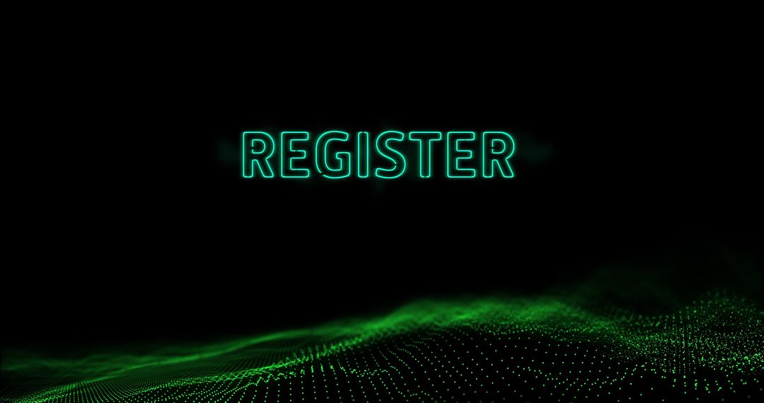 Neon Register Text with Futuristic Green Digital Grid Background
