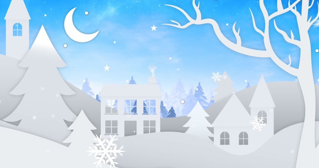 Winter Wonderland with Falling Snow and Crescent Moon