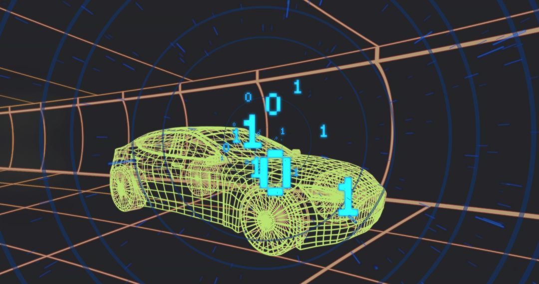 Neon Wireframe Car Racing Through Futuristic Digital Tunnel with Floating Holographic Binary Data