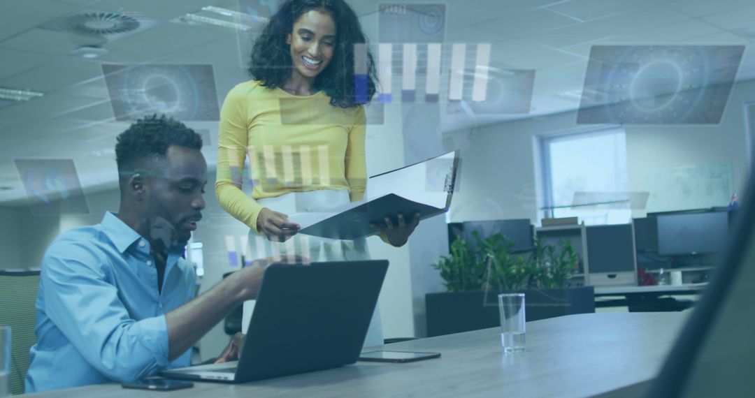 Diverse Colleagues Collaborating with Data Graphics Overlay