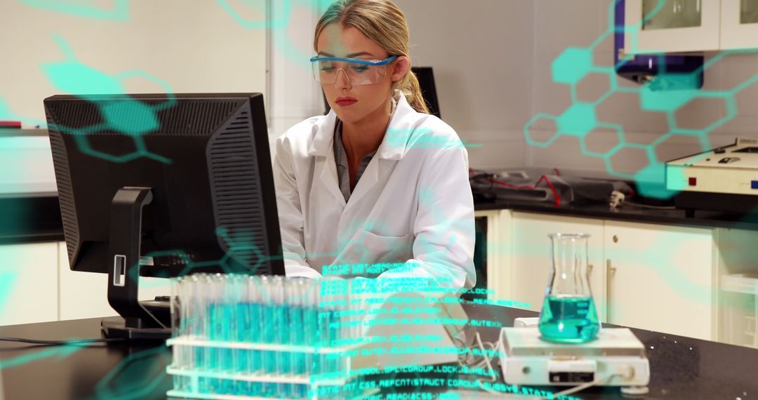 Female Scientist Analyzing Data with Augmented Reality in Lab