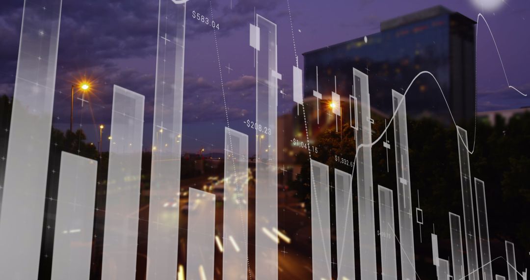 Abstract Data Statistics Overlaying Cityscape