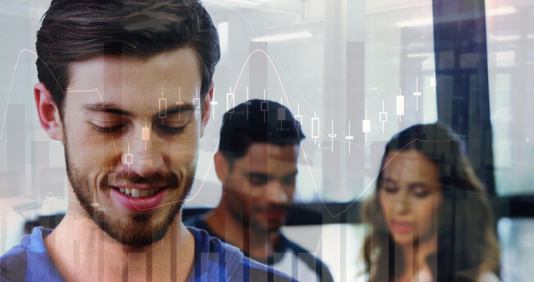 Caucasian Businessman in Office with Digital Financial Graph Overlay
