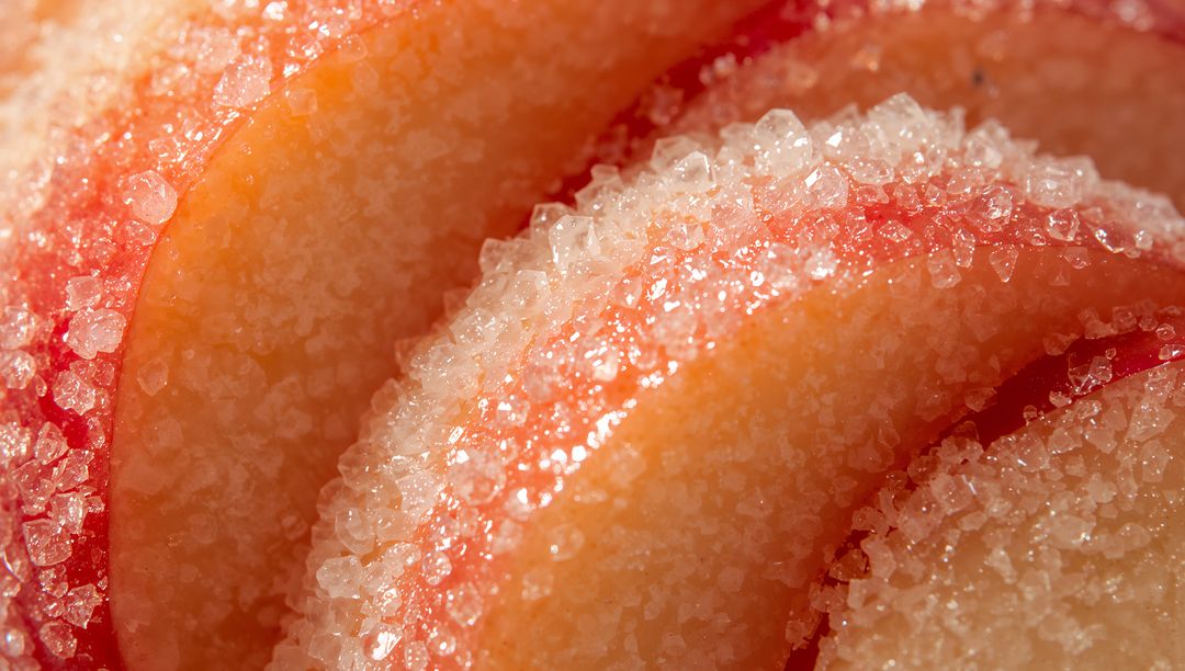 Glittering Sugared Peach Slices Macro Crystal Sugar Coating on Juicy Stonefruit