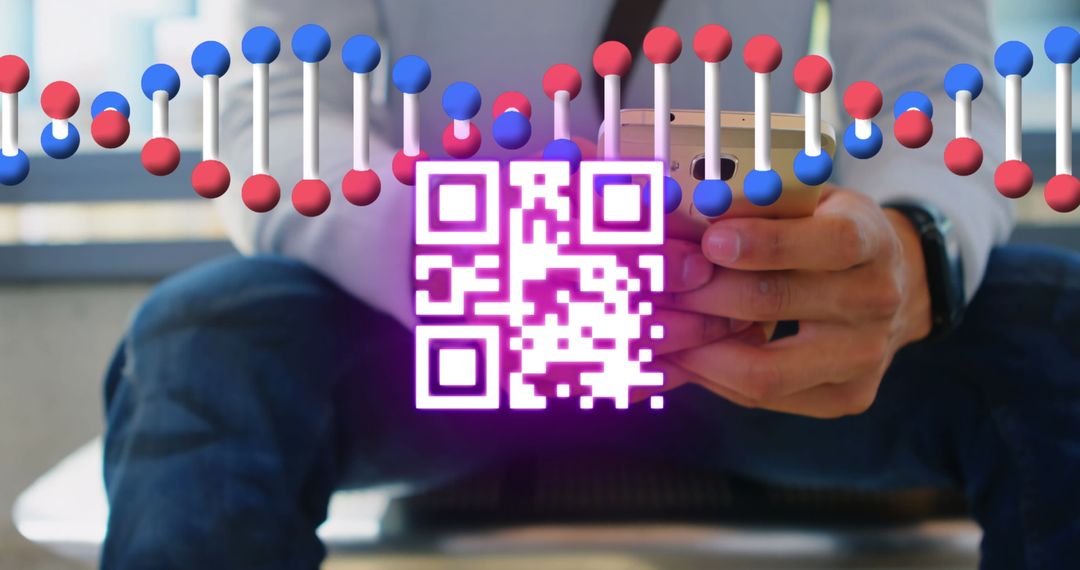 Modern Payment Technology: Neon QR Code and DNA Helix Symbols