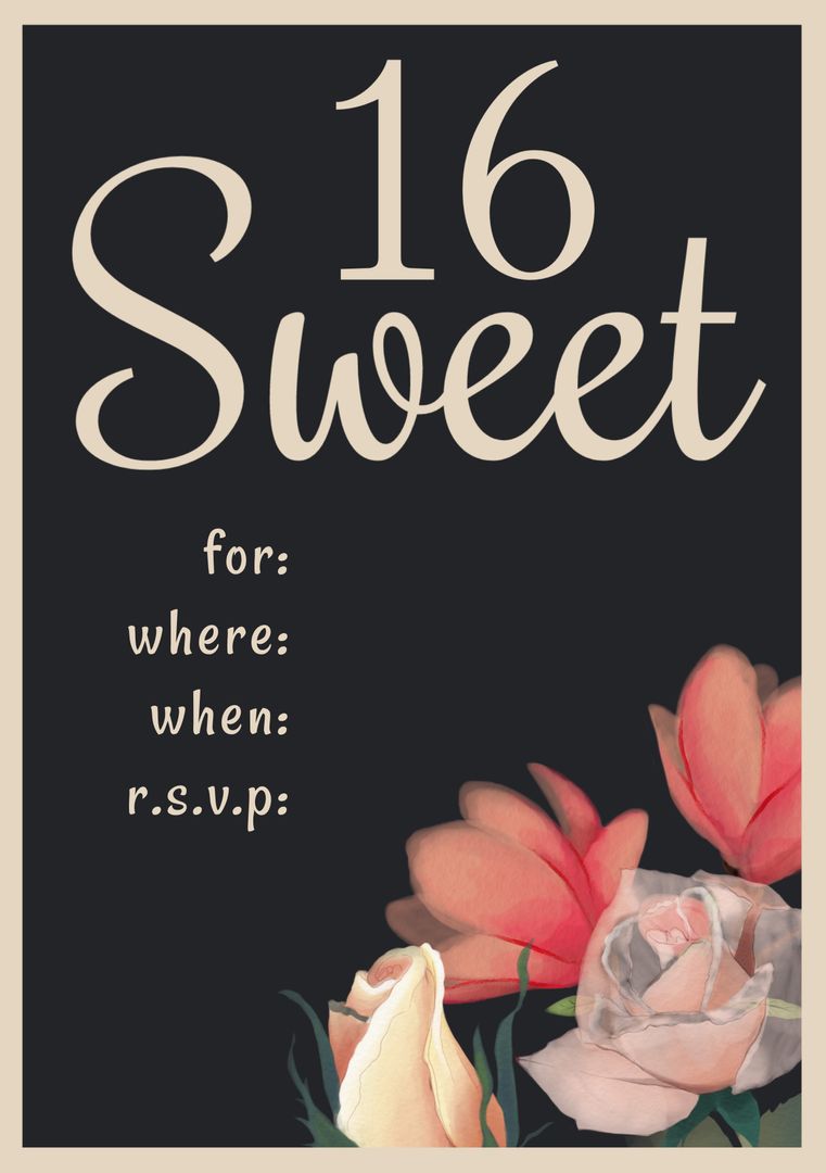 Elegant Floral Sweet 16 Invitation with Black Background - Download Free Stock Templates Pikwizard.com