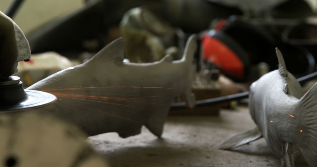 Workers Grinding Metal Shark Sculpture in Industrial Workshop - Free Images, Stock Photos and Pictures on Pikwizard.com