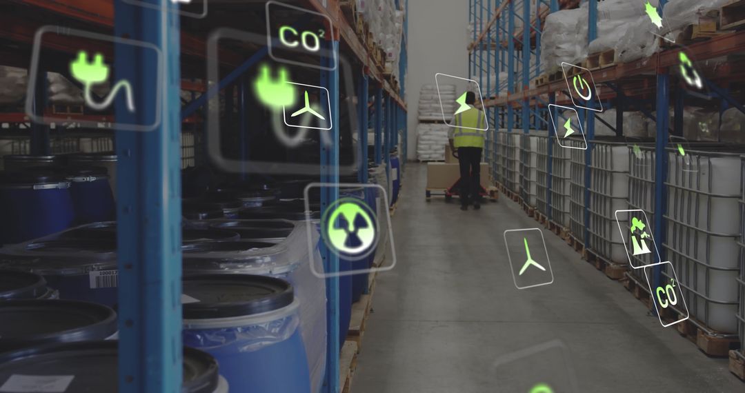 Warehouse with Eco-Friendly Data Interface Floating Icons