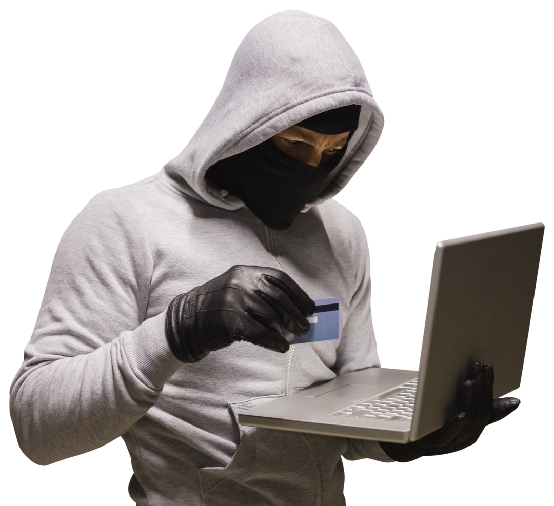 Caucasian Male Hacker Using Laptop with Credit Card on Transparent Background - Download Free Stock Images Pikwizard.com