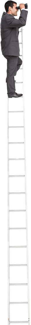 Businessman Standing on Tall Ladder Using Binoculars for Transparent Tasks