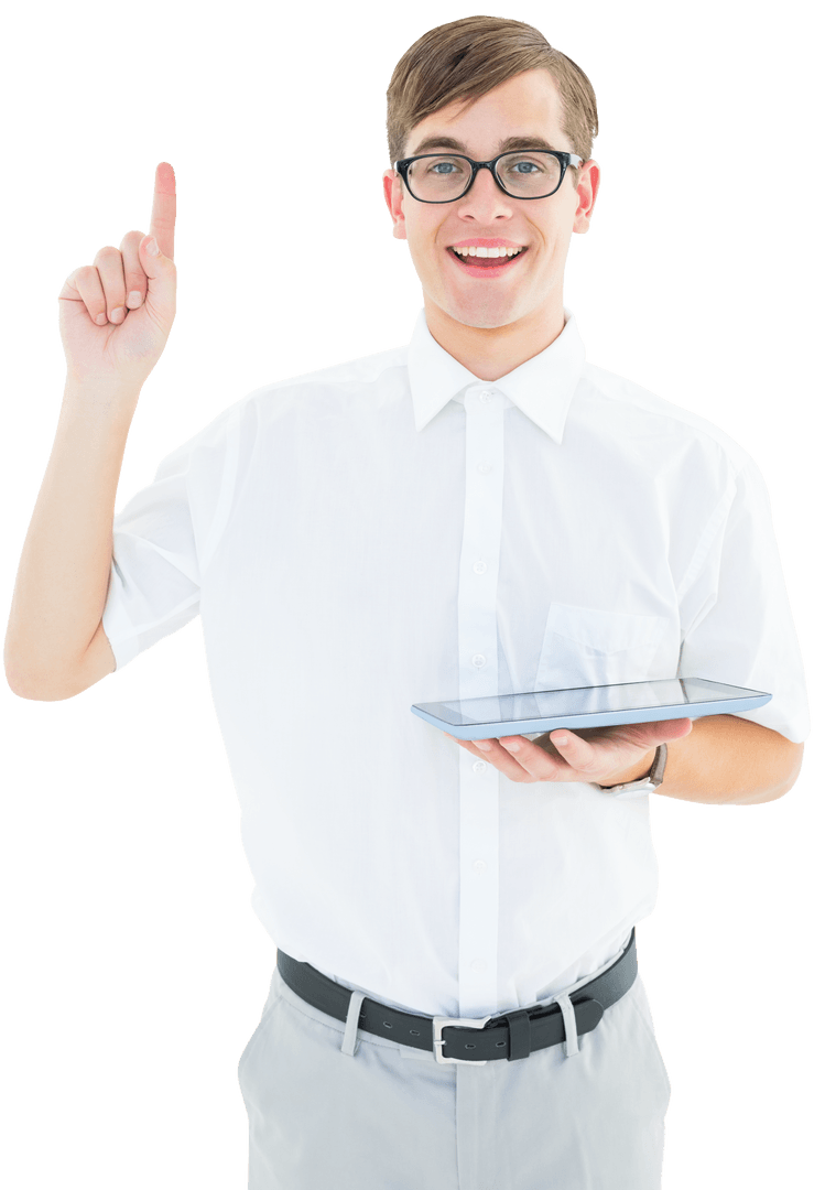 Cheerful Hipster Pointing Up Holding Tablet on Transparent Background