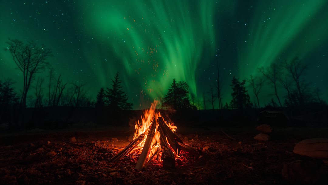 Campfire Burning Under Vivid Aurora Borealis Over Silent Pine Forest