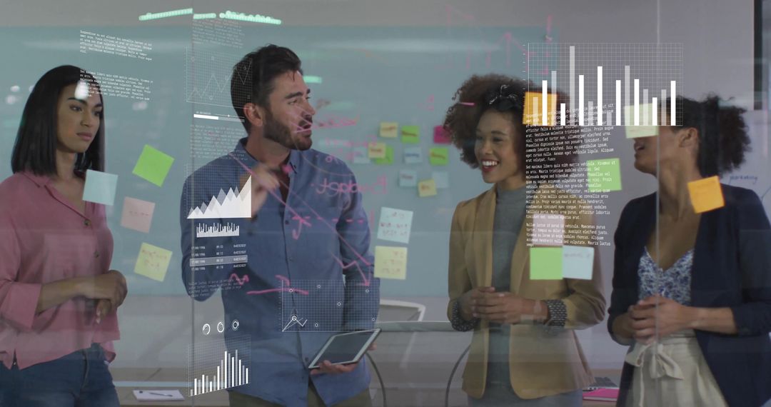 Diverse Team Collaborating with Data on Glass Board in Modern Office