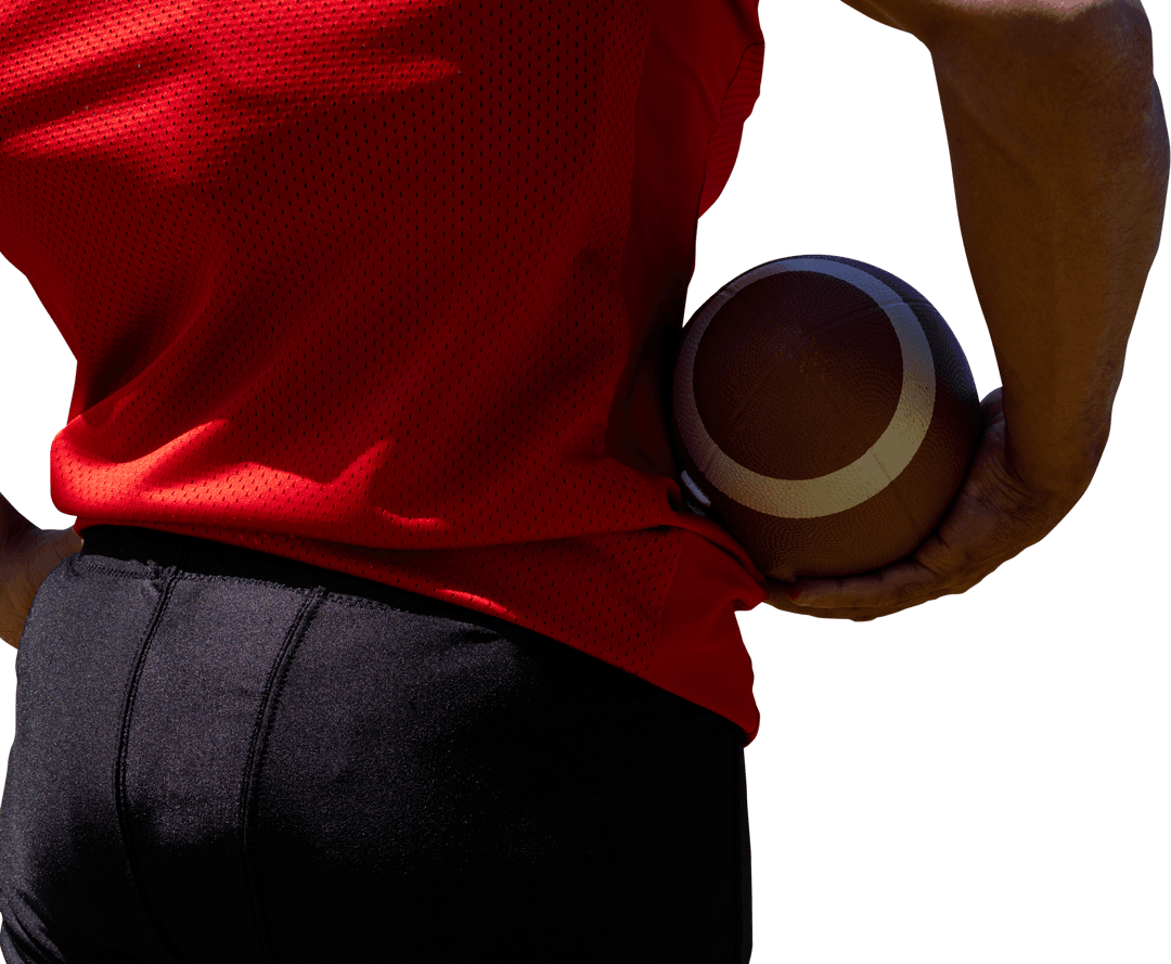 Athlete Holding Rugby Ball with Red Jersey on Transparent Background