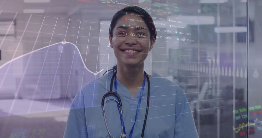 Smiling Female Doctor with Digital Interface Displaying Statistics