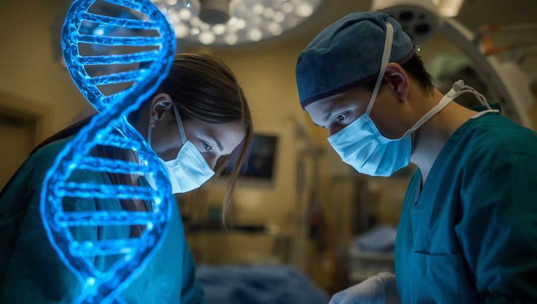Surgeons Examining Holographic DNA Helix in Modern Operating Room