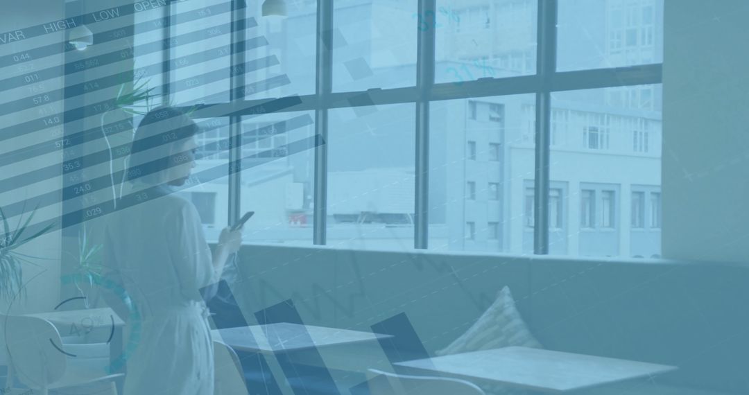Businesswoman with Phone Overlapping Financial Data Trends