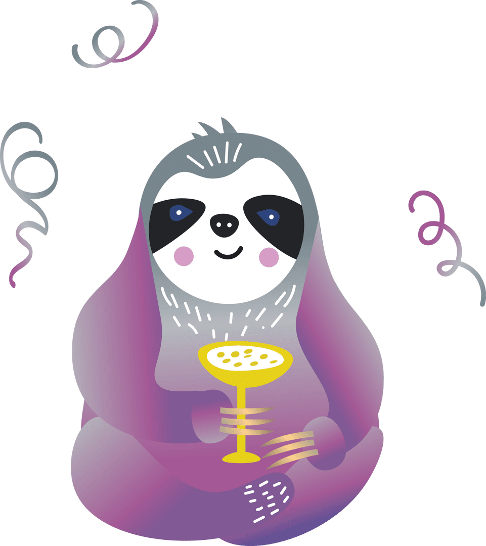 Party Sloth Drinking Cocktail on Transparent Background