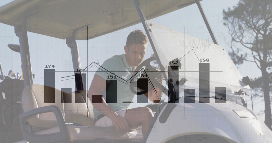 Man Starting Golf Cart with Data Chart Overlay on Golf Course