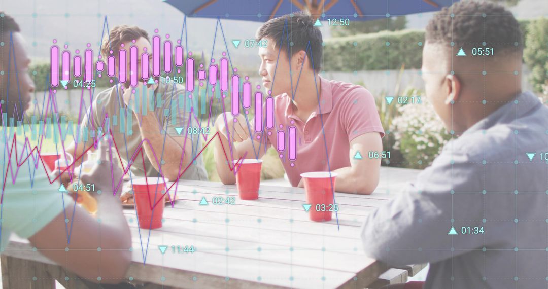 Group of friends chatting at backyard patio table with red cups and digital analytics overlay