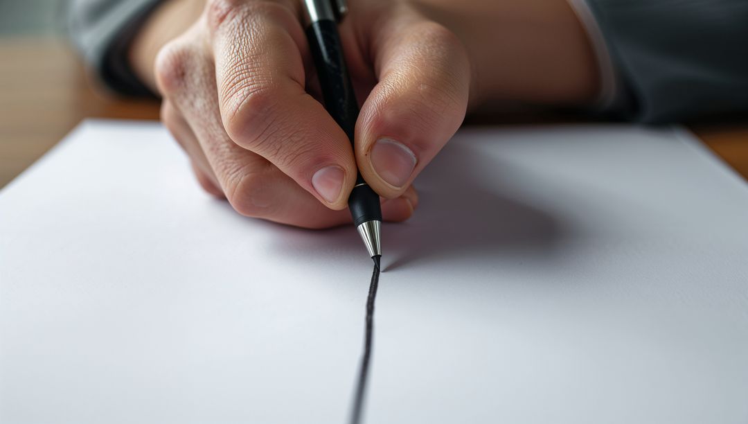 Right Hand Drawing Thick Vertical Line with Metal-Tipped Pen on White Paper Close-Up
