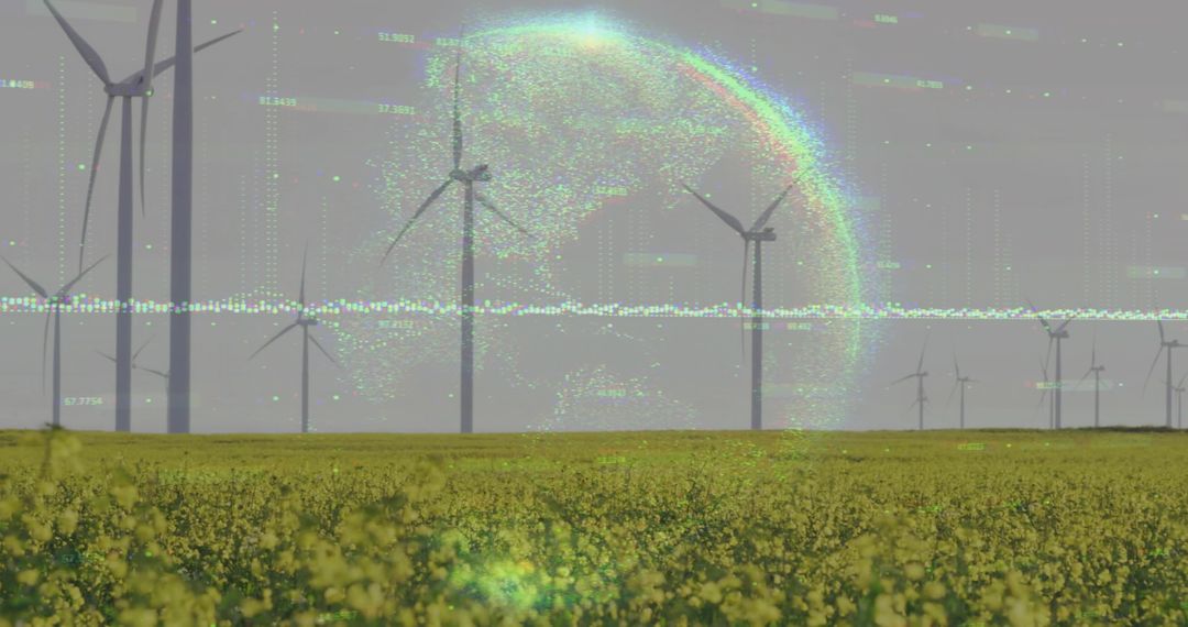 Wind Turbines Spinning Over Canola Field with Holographic Data Overlay for Renewable Energy