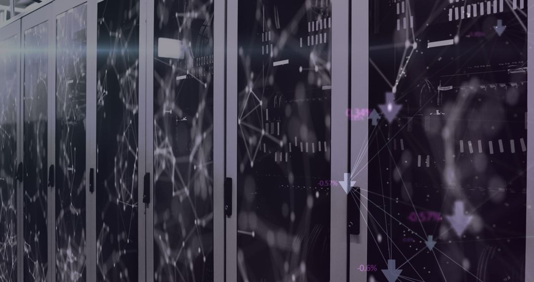 Server Room with Digital Interface Overlay Illustrating Data Network