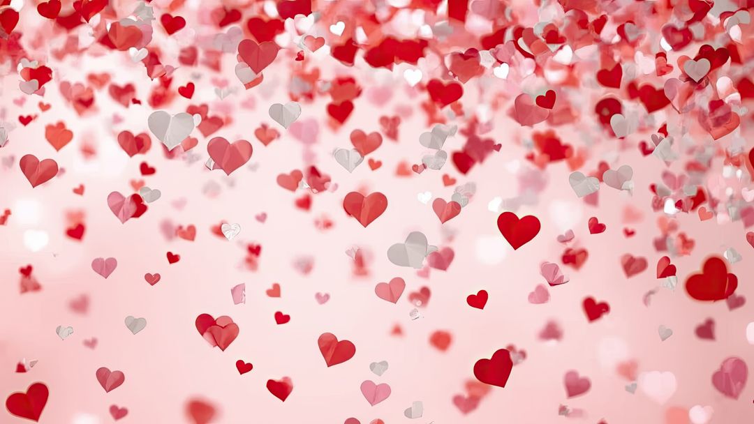 Floating Paper Hearts on Pink Gradient with Bokeh Overlays