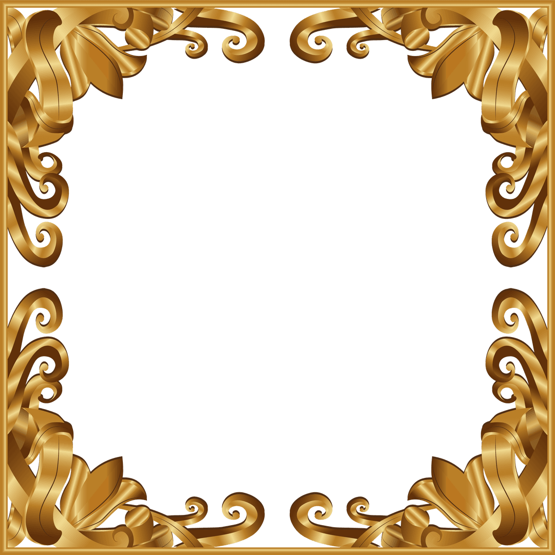 Ornate Golden Frame with Baroque Scrolls and Leaves on Transparent Background