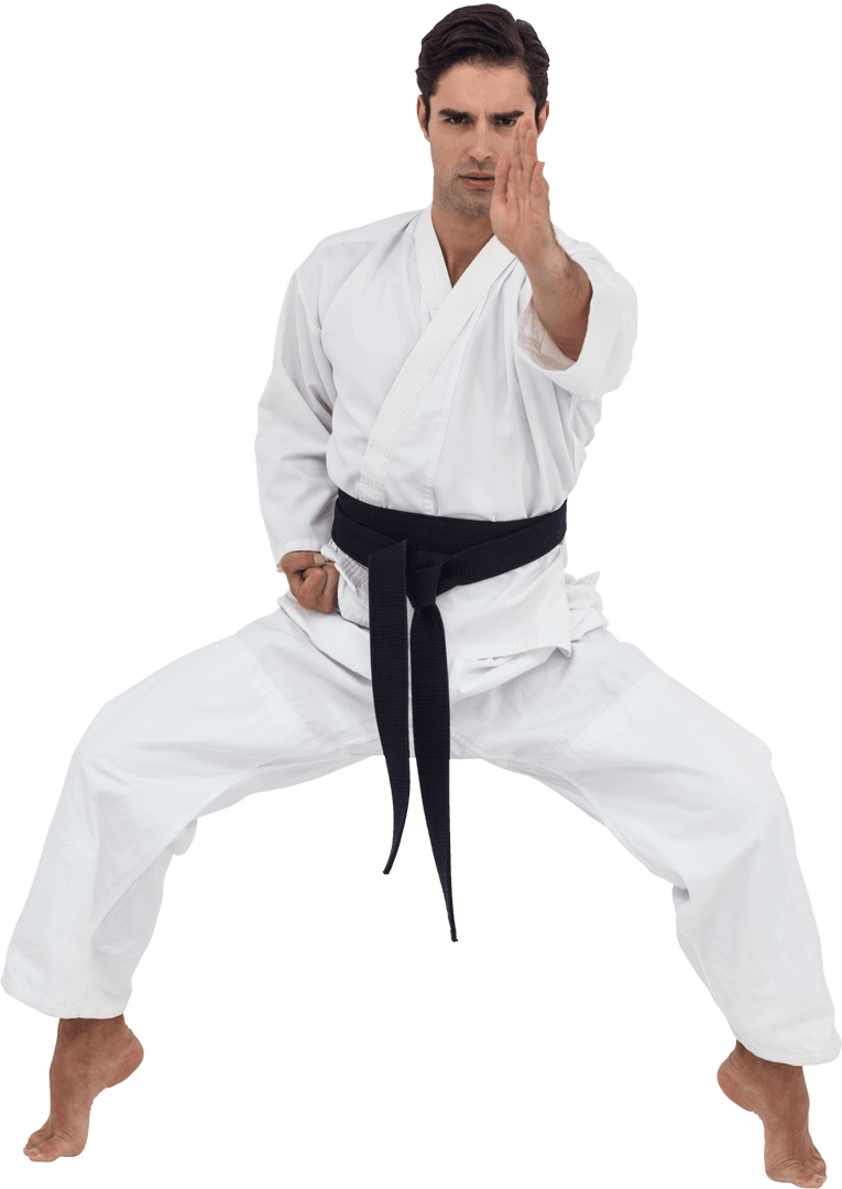 Martial Artist Displaying Classic Karate Stance on Transparent Background