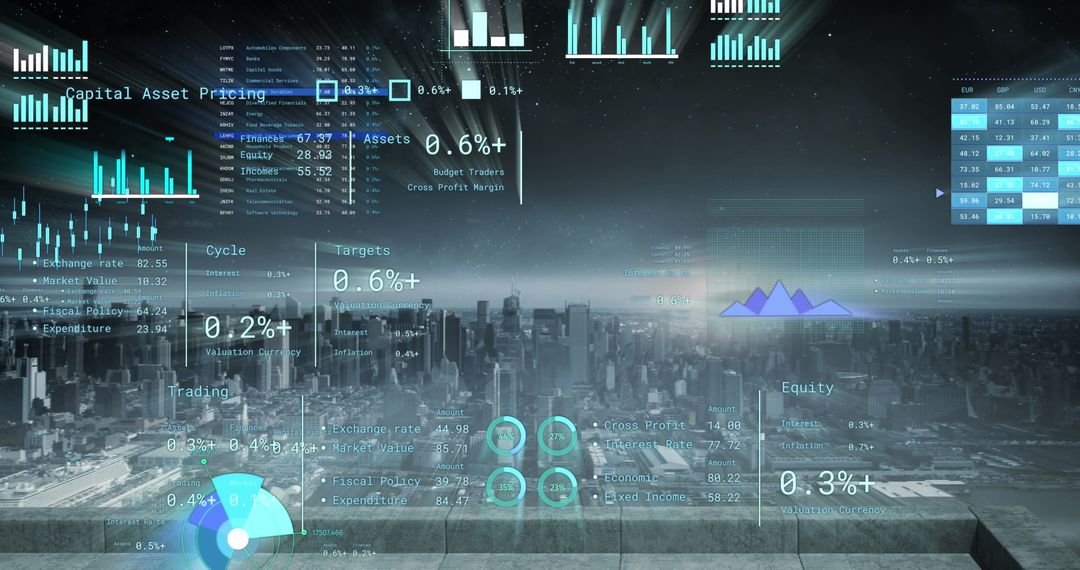 Digital Financial Graphics Overlaying Cityscape at Night