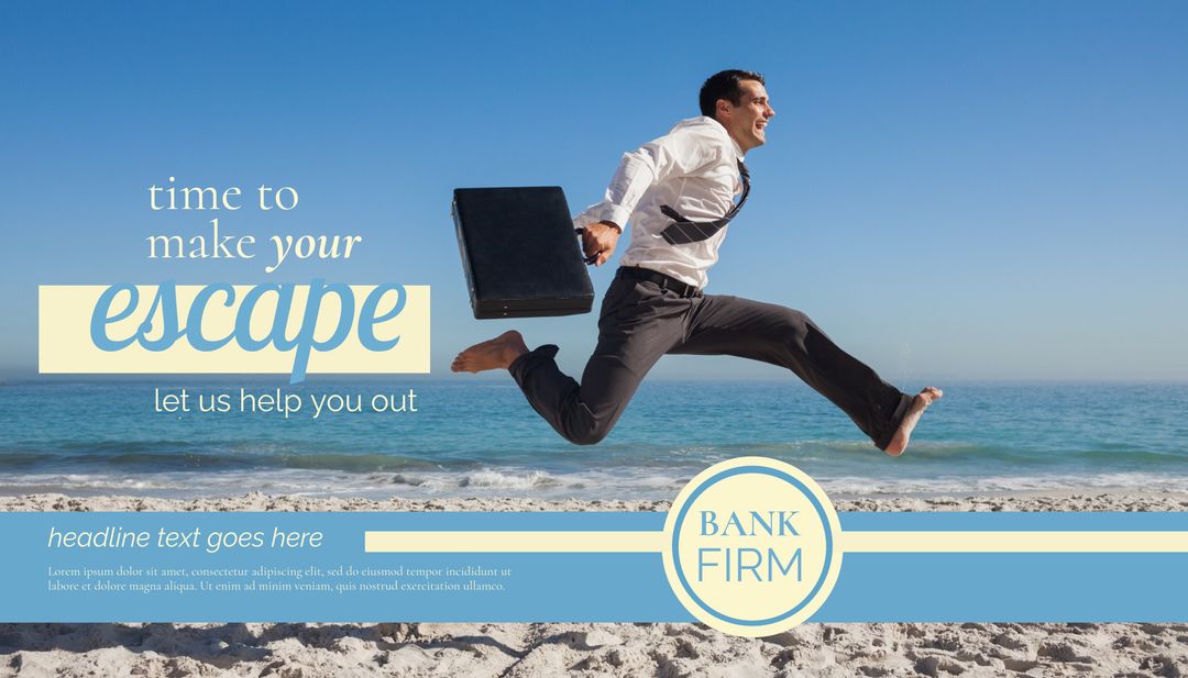 Dynamic Work-Life Balance Embodied by Joyful Businessman Leaping on Beach