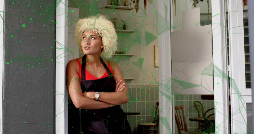 Confident Cafe Worker in Black Apron Embracing Rustic Atmosphere