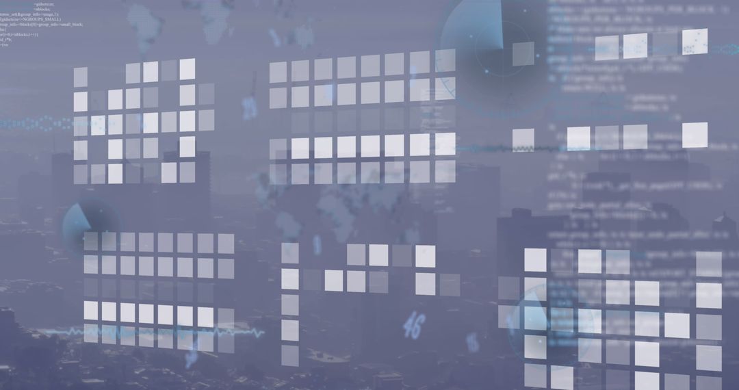 Futuristic Digital Grid Interfaces with Urban Skyline