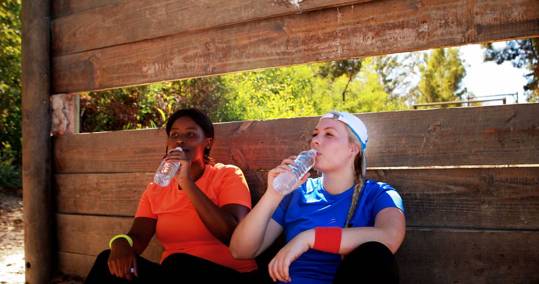 Two Women Resting and Hydrating During Outdoor Fitness Training - Free Images, Stock Photos and Pictures on Pikwizard.com