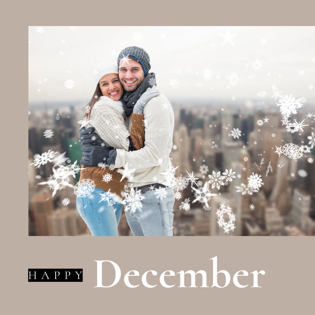 Joyful Couple in Winter Wonderland with Festive December Message