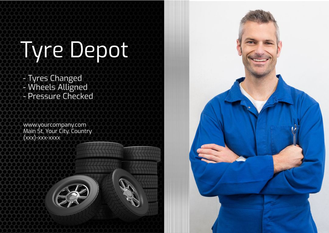 Confident Mechanic Promotes Tyre Depot Services with Professional Expertise - Download Free Stock Templates Pikwizard.com