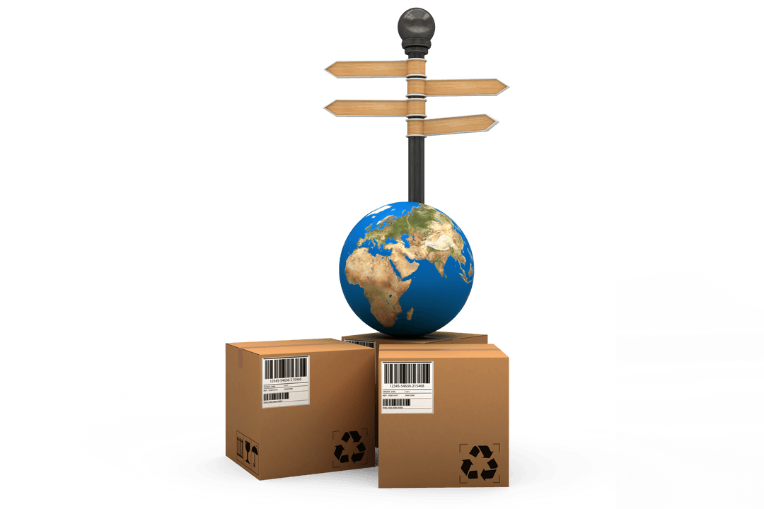 Transparent Shipping Parcels with Globe and Directional Signs