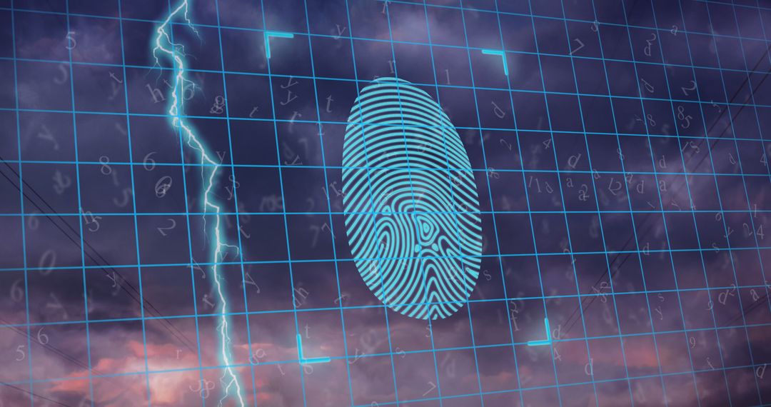 Biometric Fingerprint Over Grid with Thunderstorm Background