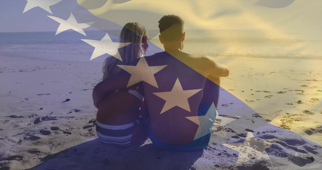 Couple Embracing Beachfront Under Flag Symbolism at Sunset