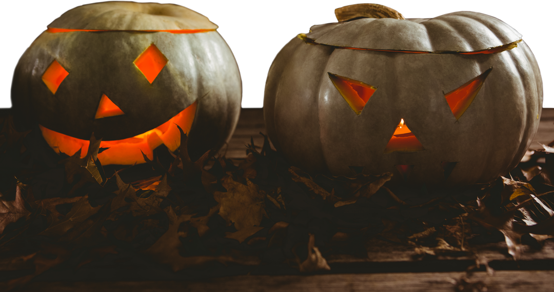 Transparent Halloween Jack O' Lanterns on Wooden Table with Autumn Leaves - Download Free Stock Images Pikwizard.com