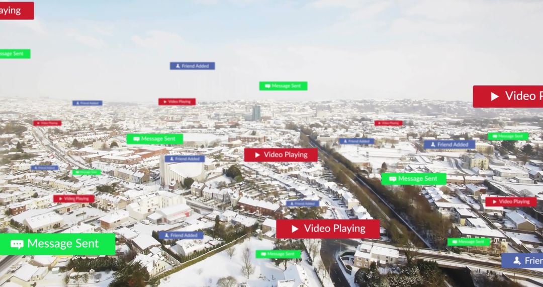 Social Media Notifications Floating Over Snow-Covered City
