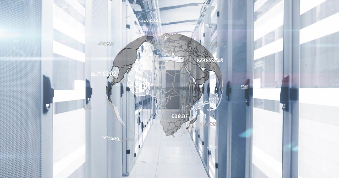 3D Digital Globe with Data Overlays in Modern Server Room