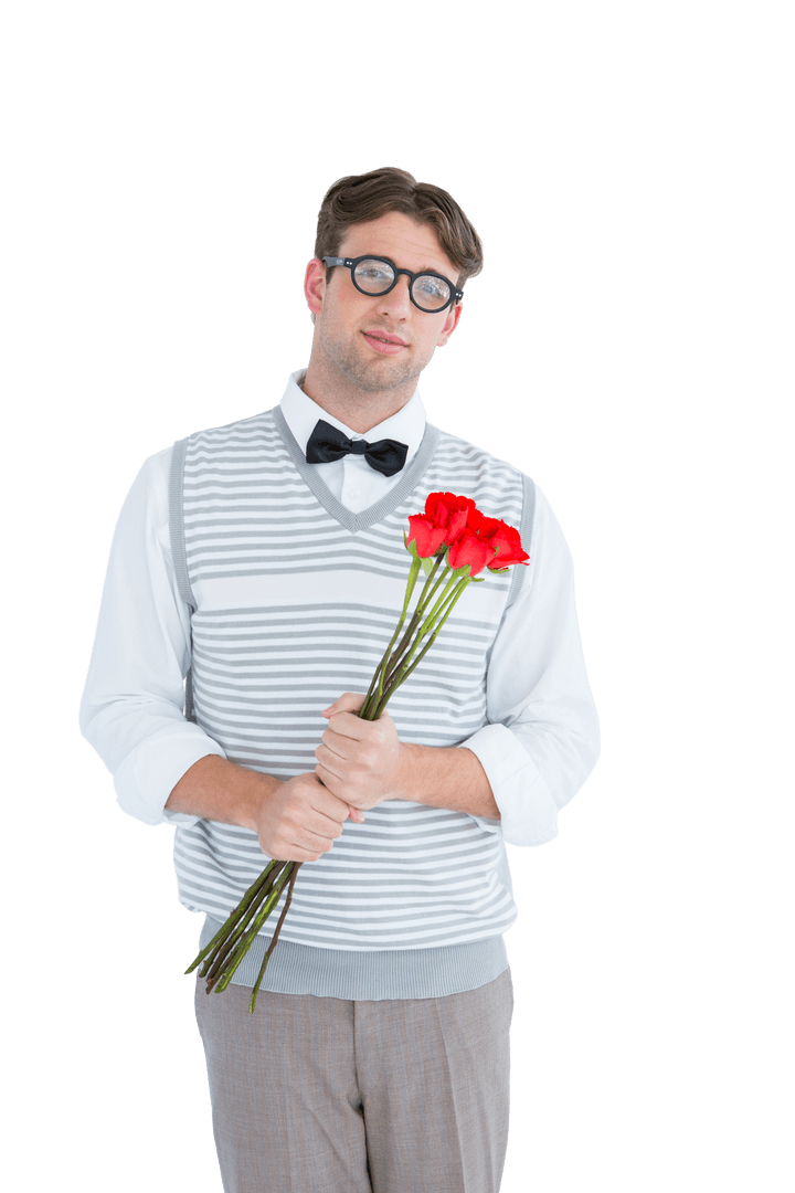 Geeky Gentleman Holding Bunch of Red Roses on Transparent Background