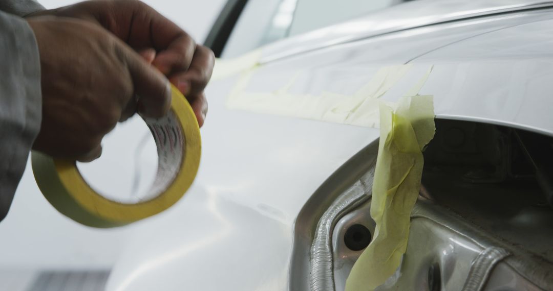 Professional repairing car with masking tape in workshop - Free Images, Stock Photos and Pictures on Pikwizard.com