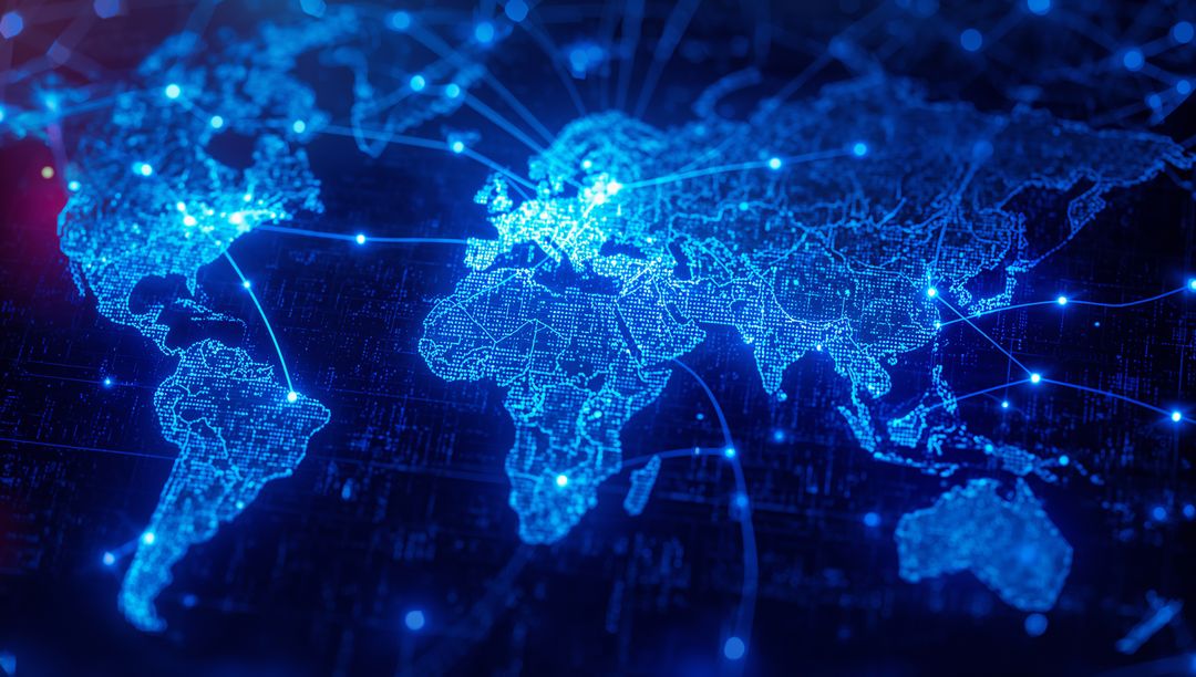 Glowing Digital World Map Illustrating Global Connectivity and Data Flow