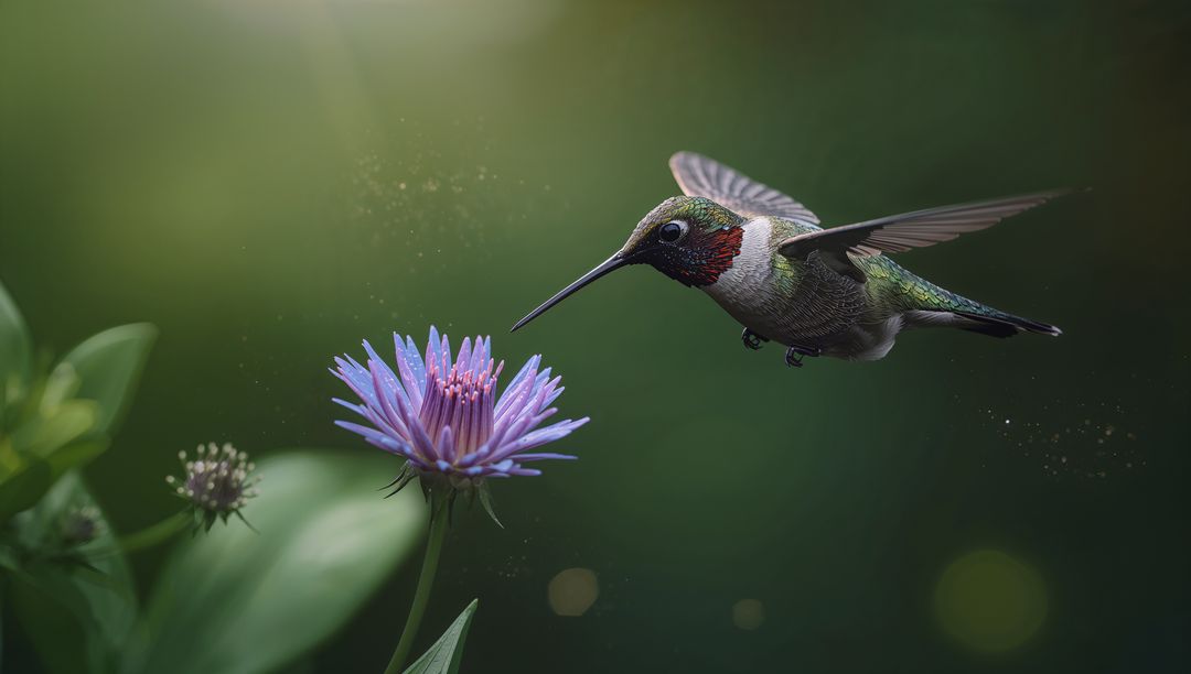 Iridescent green hummingbird hovering at purple daisy, pollen dust and soft bokeh